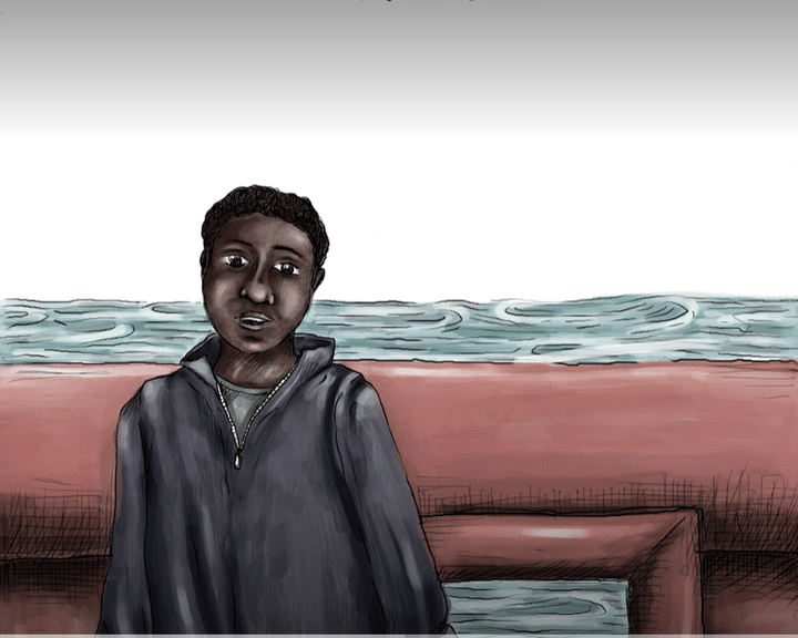 Dessin de Ousman, un jeune rescapé sur le pont de l'Ocean Viking.